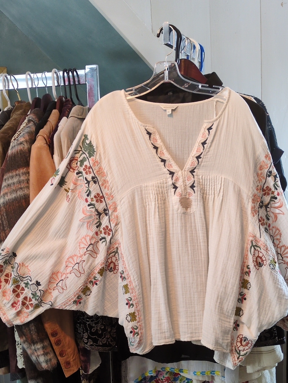 Monsoon Boho Embroidered Split-Neck Peasant Top - XL